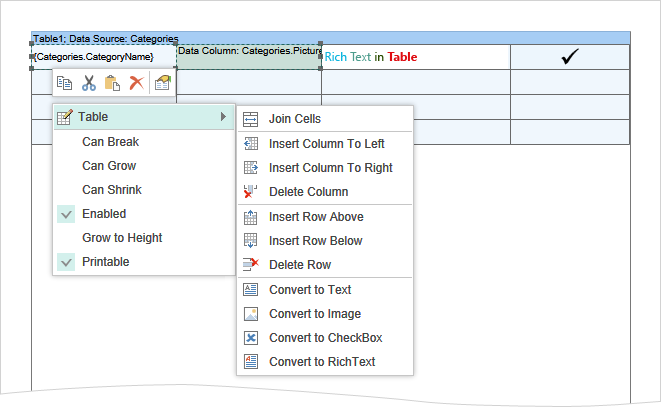 Support for the Table component in Reports.Java and Reports.Web