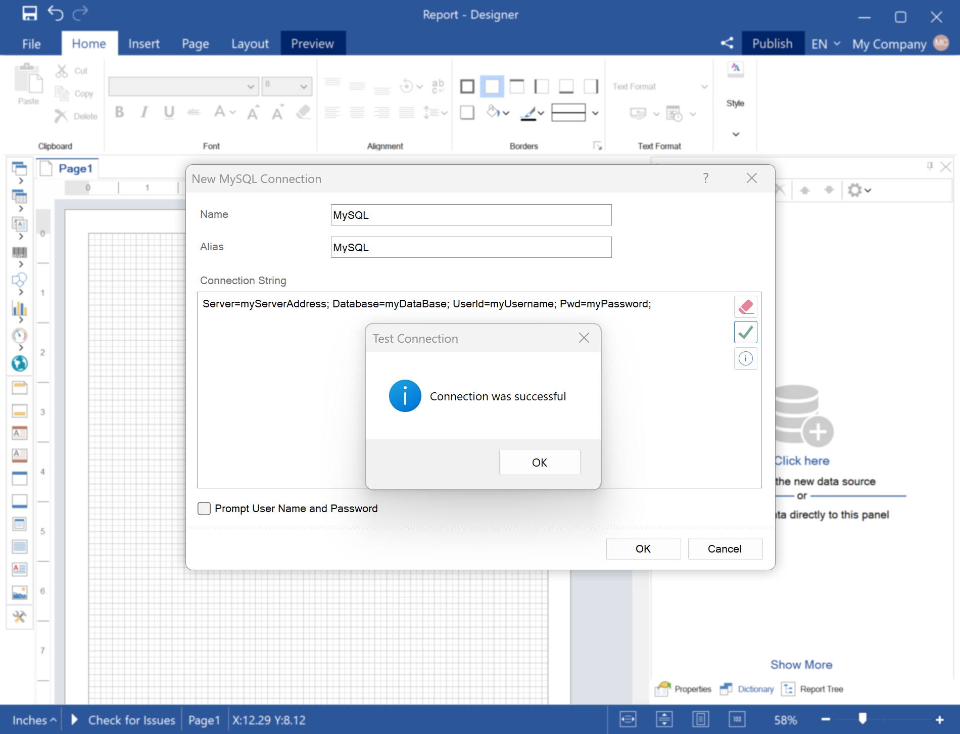 Data connection in the report designer