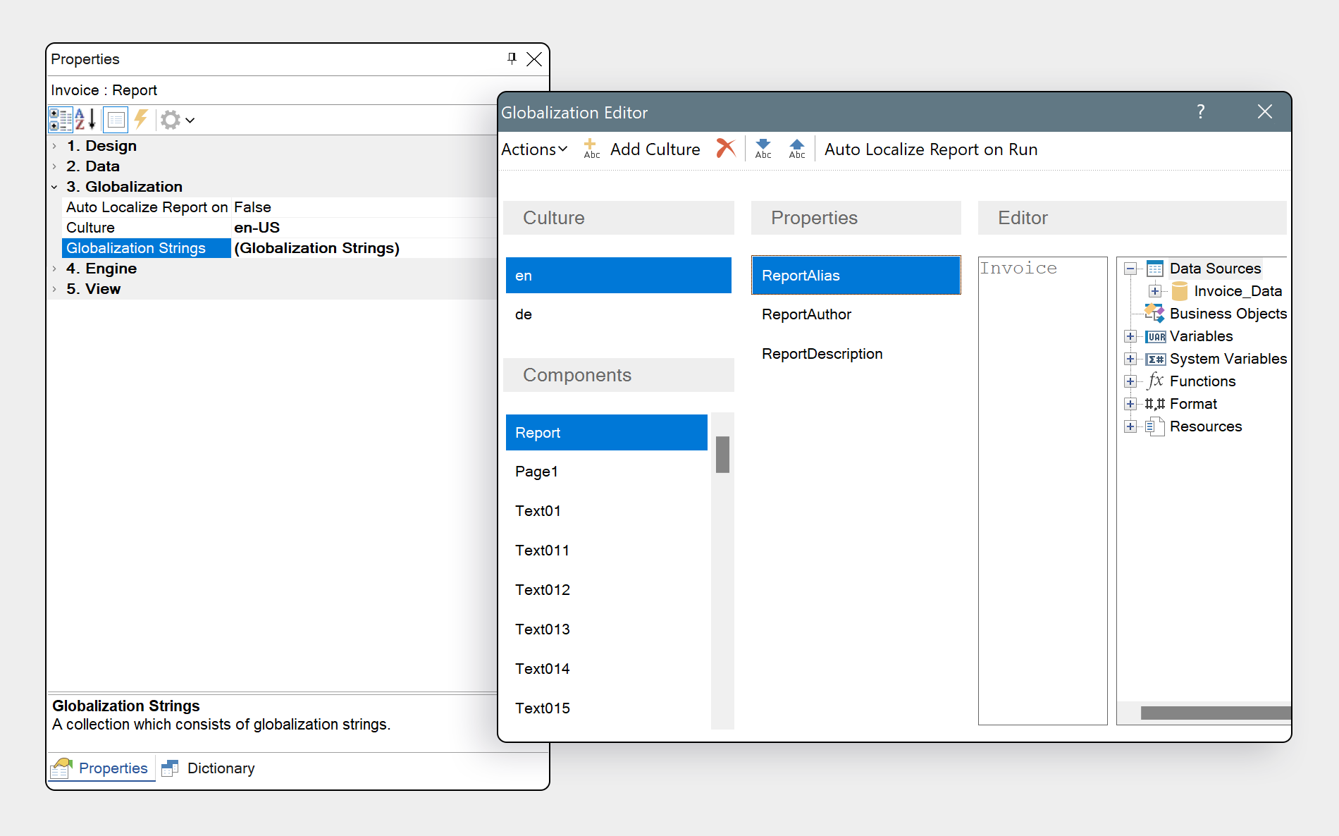 Export and import of report globalization settings