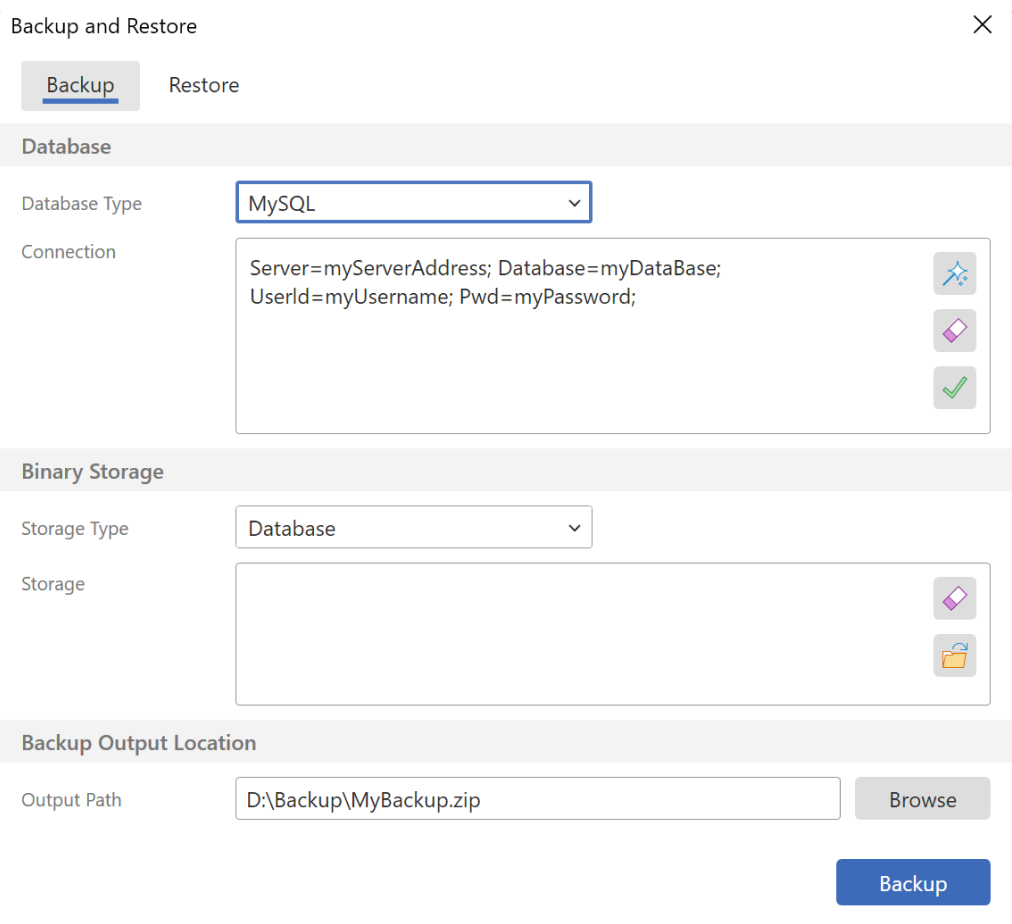 The Backup tab of the Backup and Restore tool: database type, connection string, Binary Storage, and output path