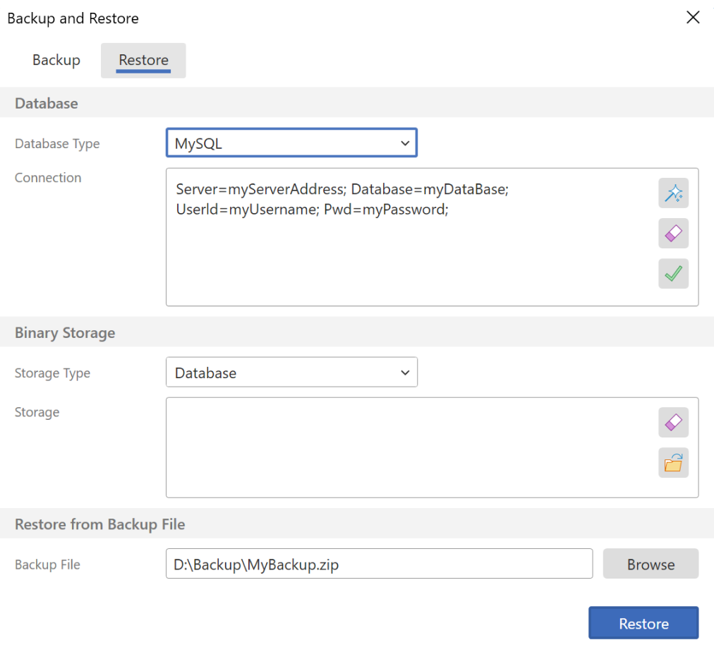The Restore tab of the Backup and Restore tool: database type, connection string, Binary Storage, and backup file