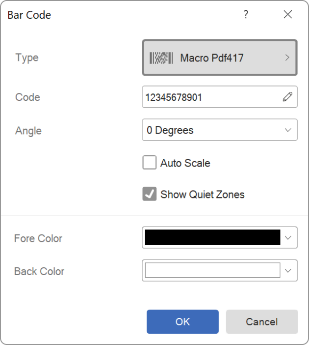 The Bar Code editor with the Macro PDF417 type selected