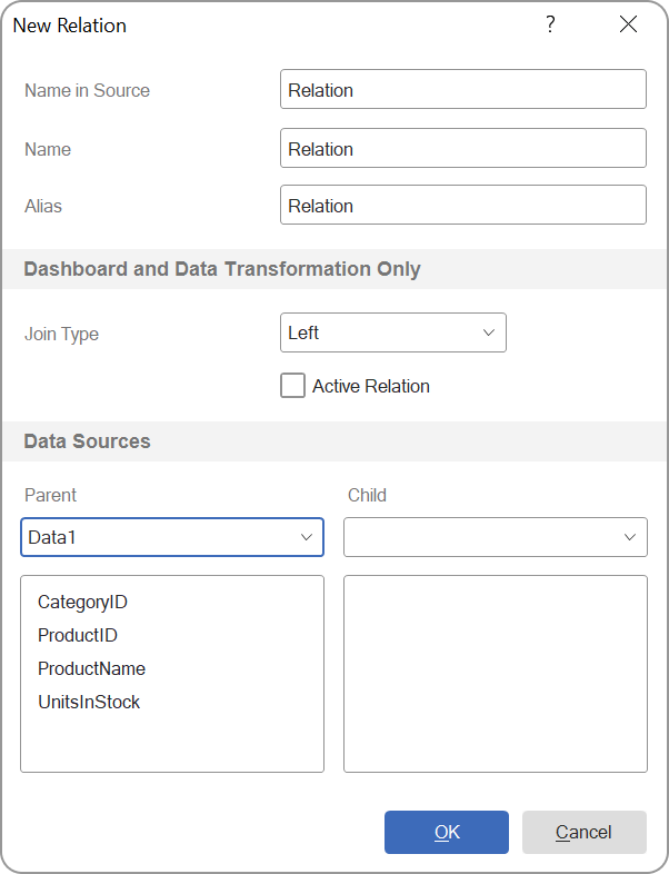 New relation - drag data columns from the first table