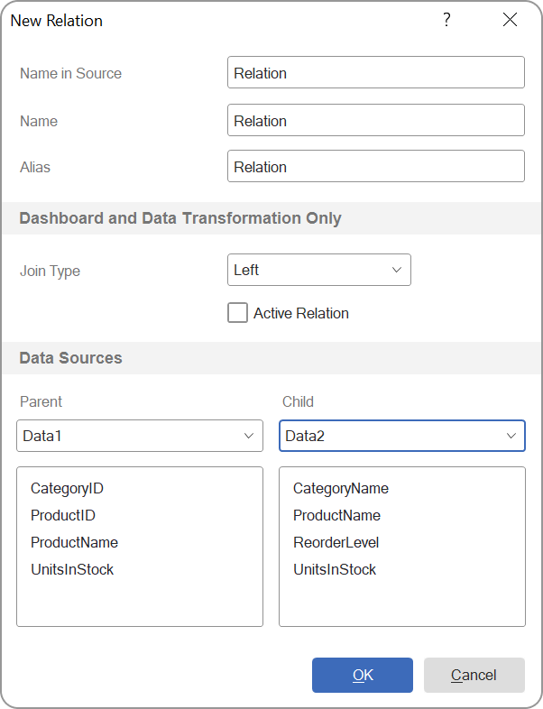 New relation - drag data columns from the second table