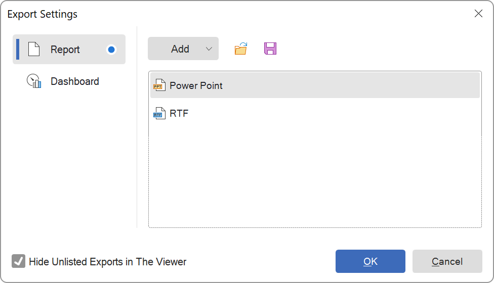 Die Liste der Exportformate und die Option Hide Unlisted Exports in the Viewer