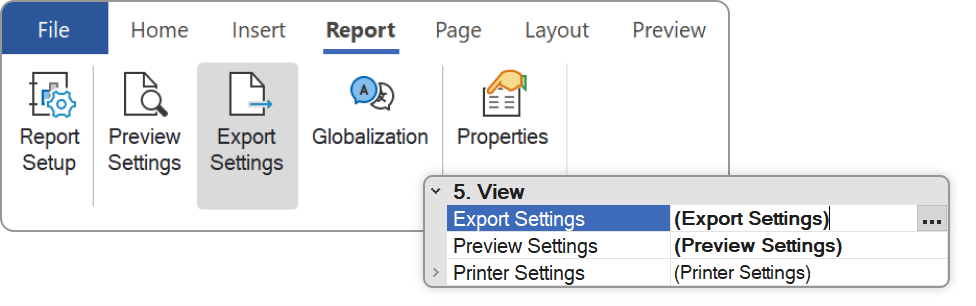 Die Eigenschaft Export Settings im Berichtsdesigner