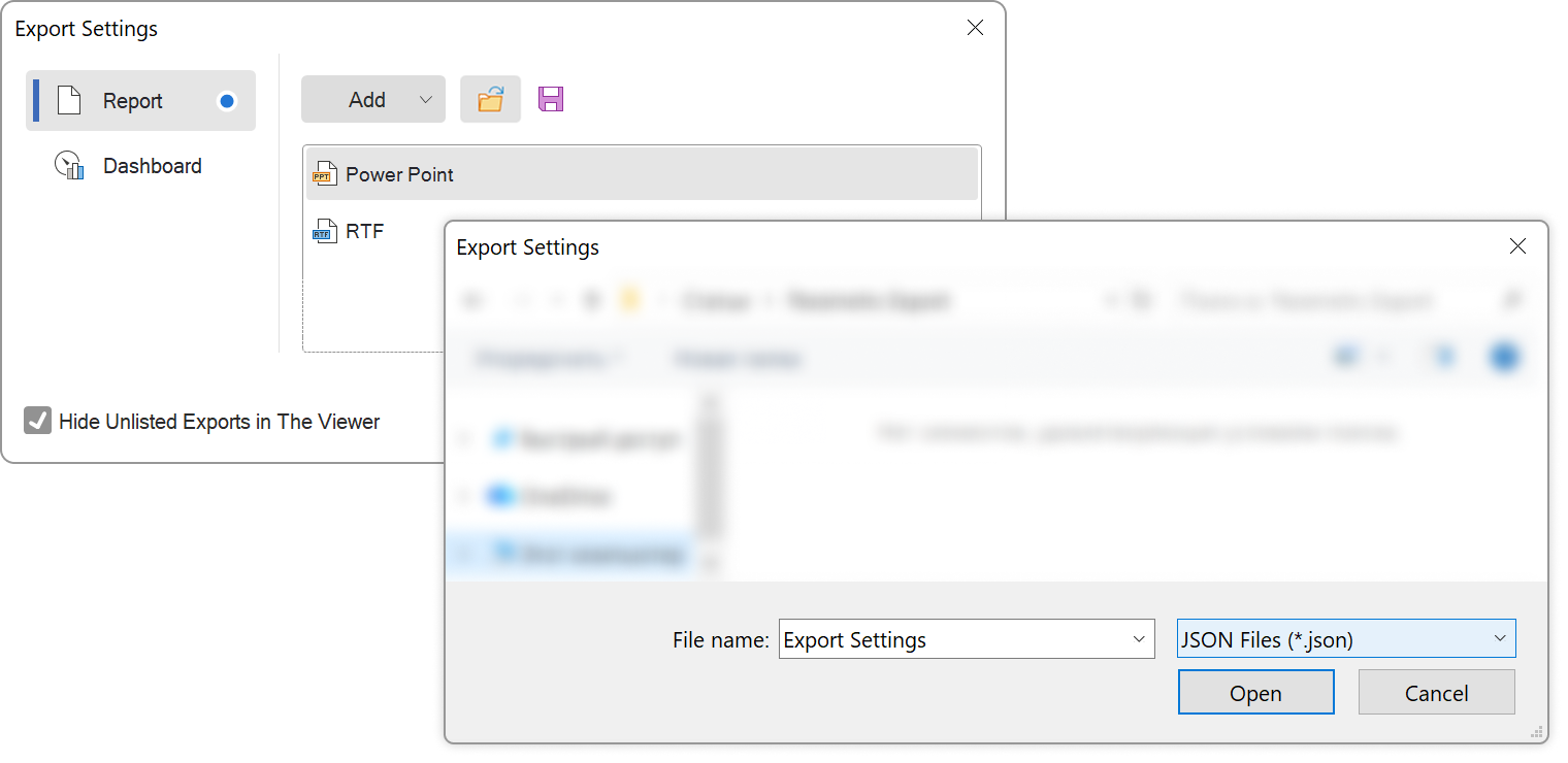 Öffnen der Export-Einstellungen aus einer JSON-Datei