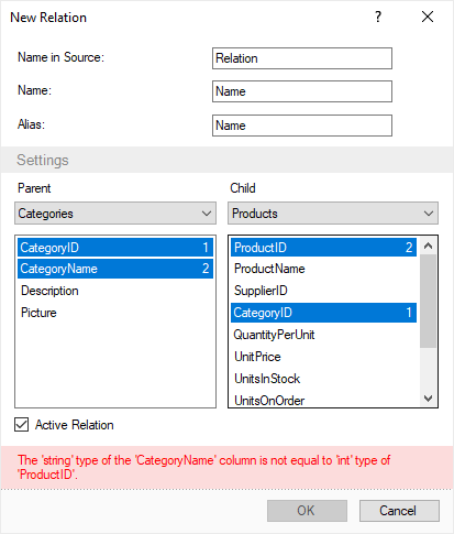The updated New Relation editor