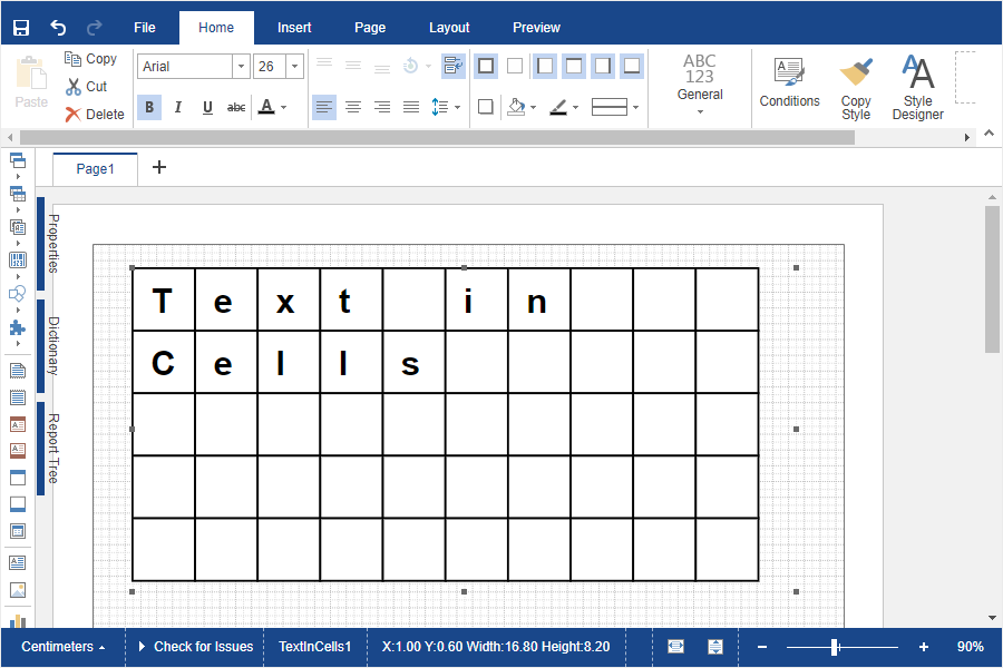 Text in cells in reports JS