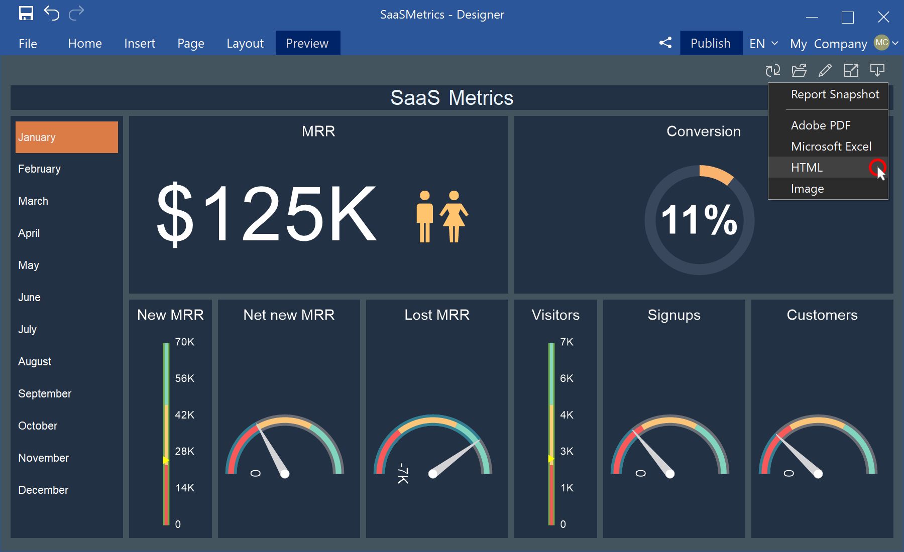 Export a dashboard to HTML