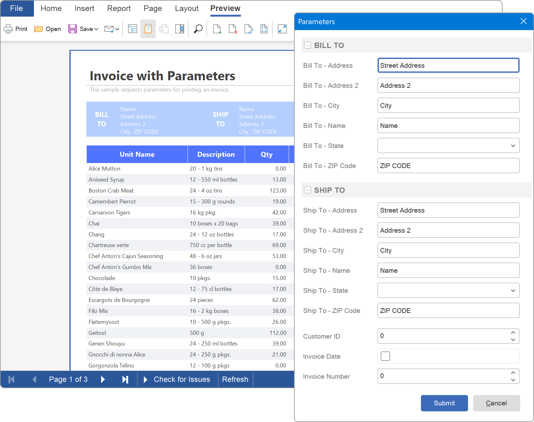 Parameters dialog