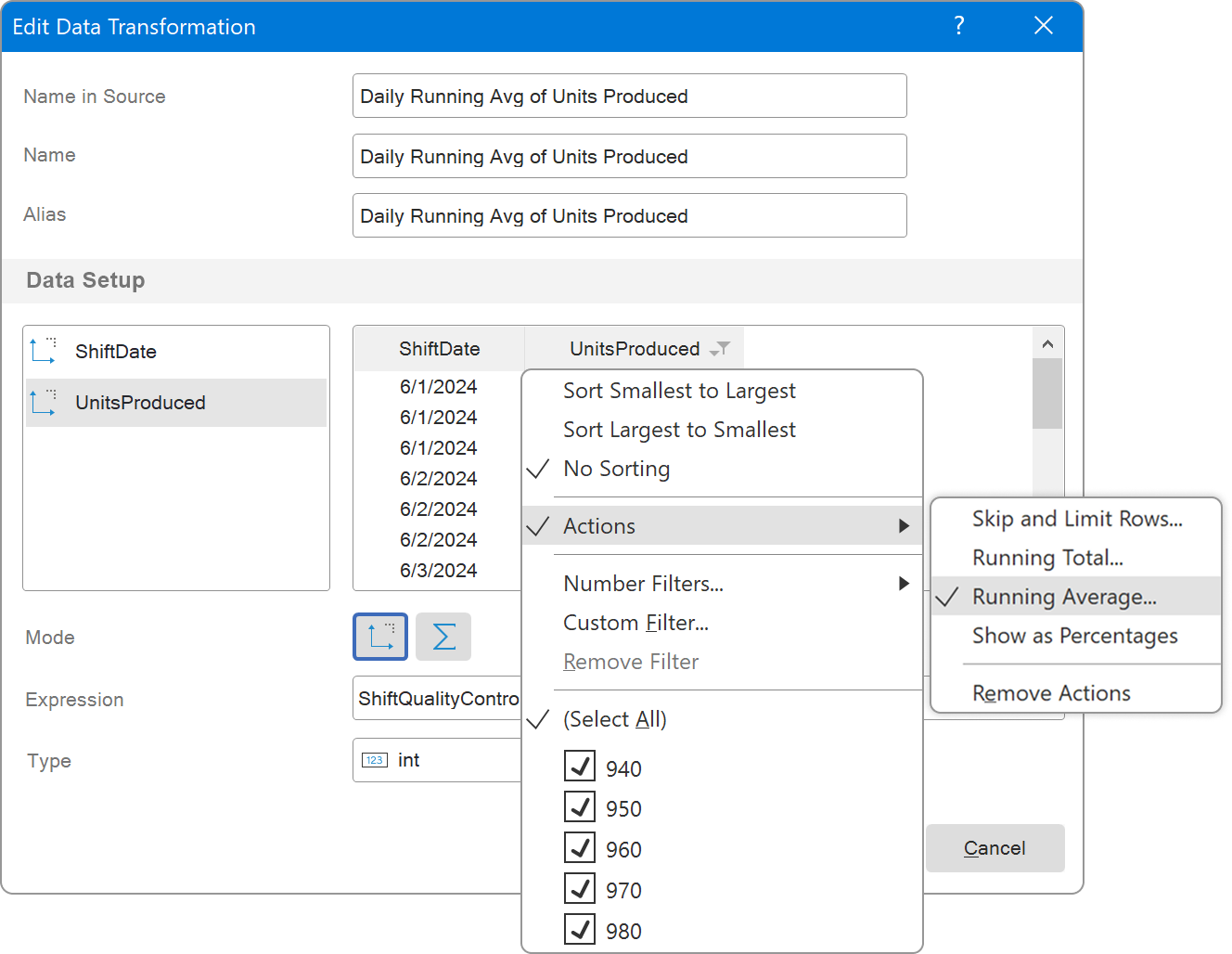 Running Average for Data Transformation