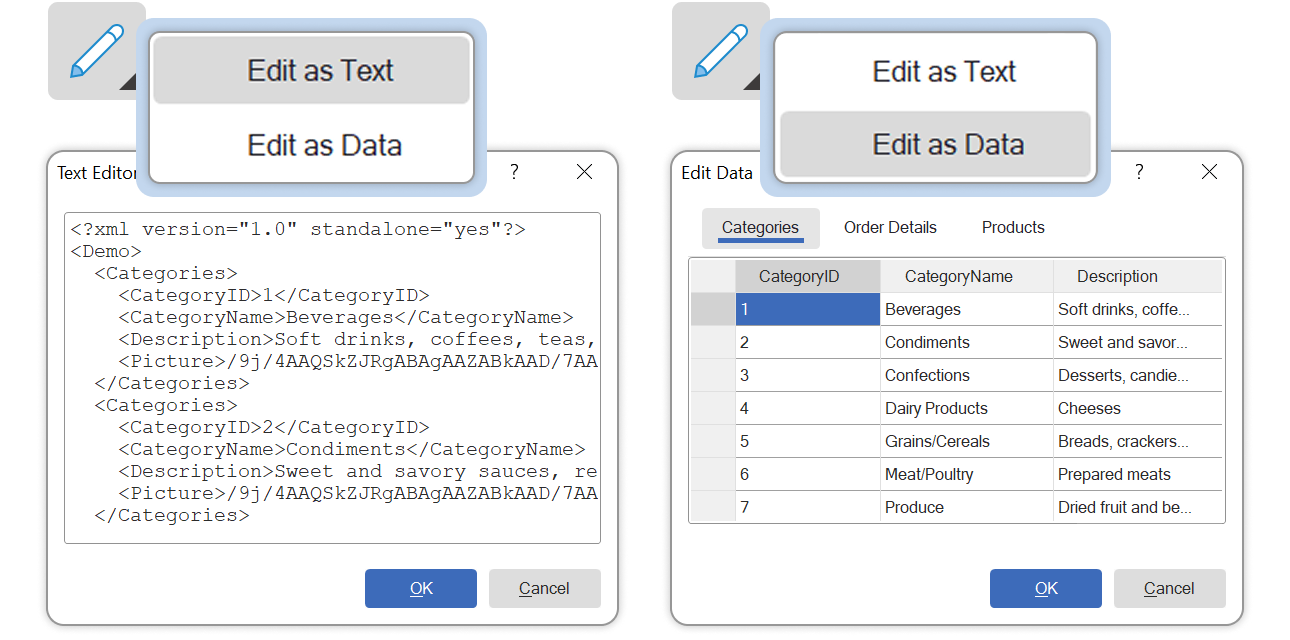 Editing CSV/XML/JSON resources