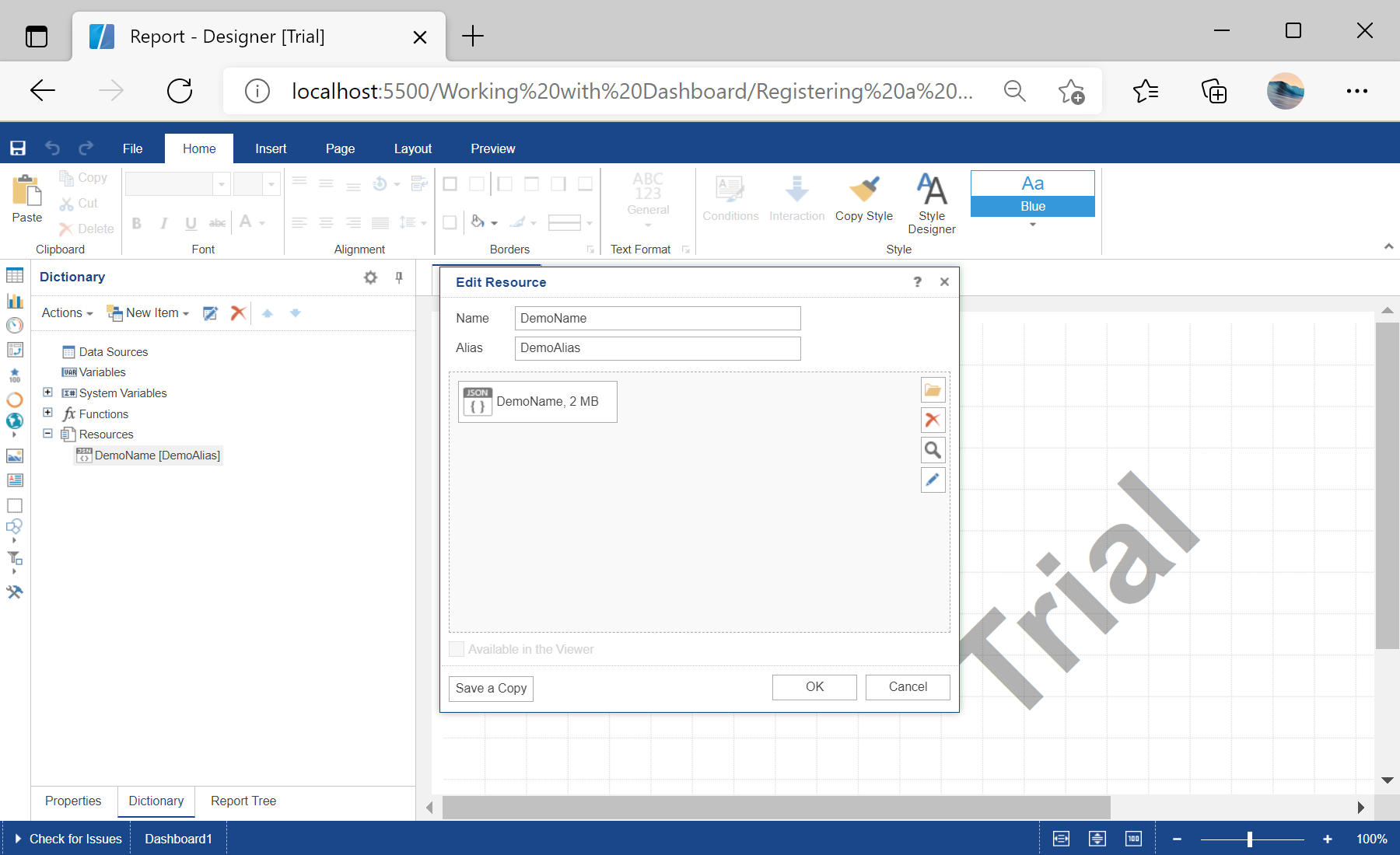 Registering a JSON Data for the Dashboard Template