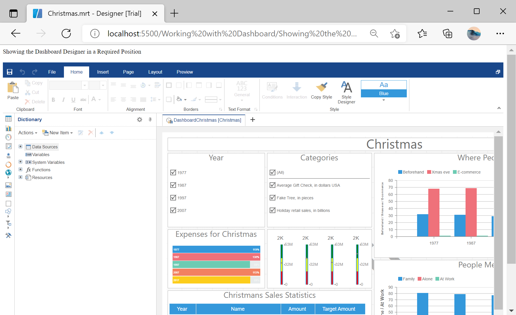 Showing the Dashboard Designer in a Required Position