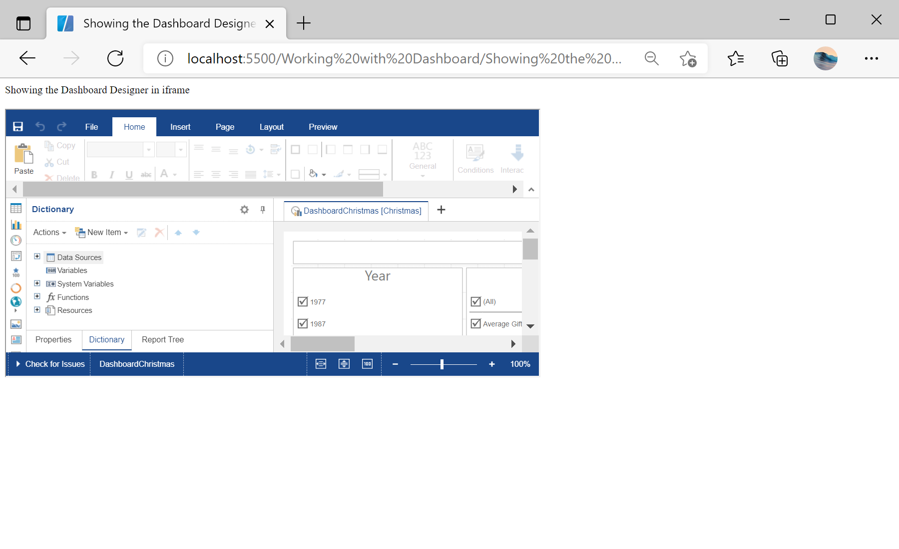 Showing the Dashboard Designer in iframe