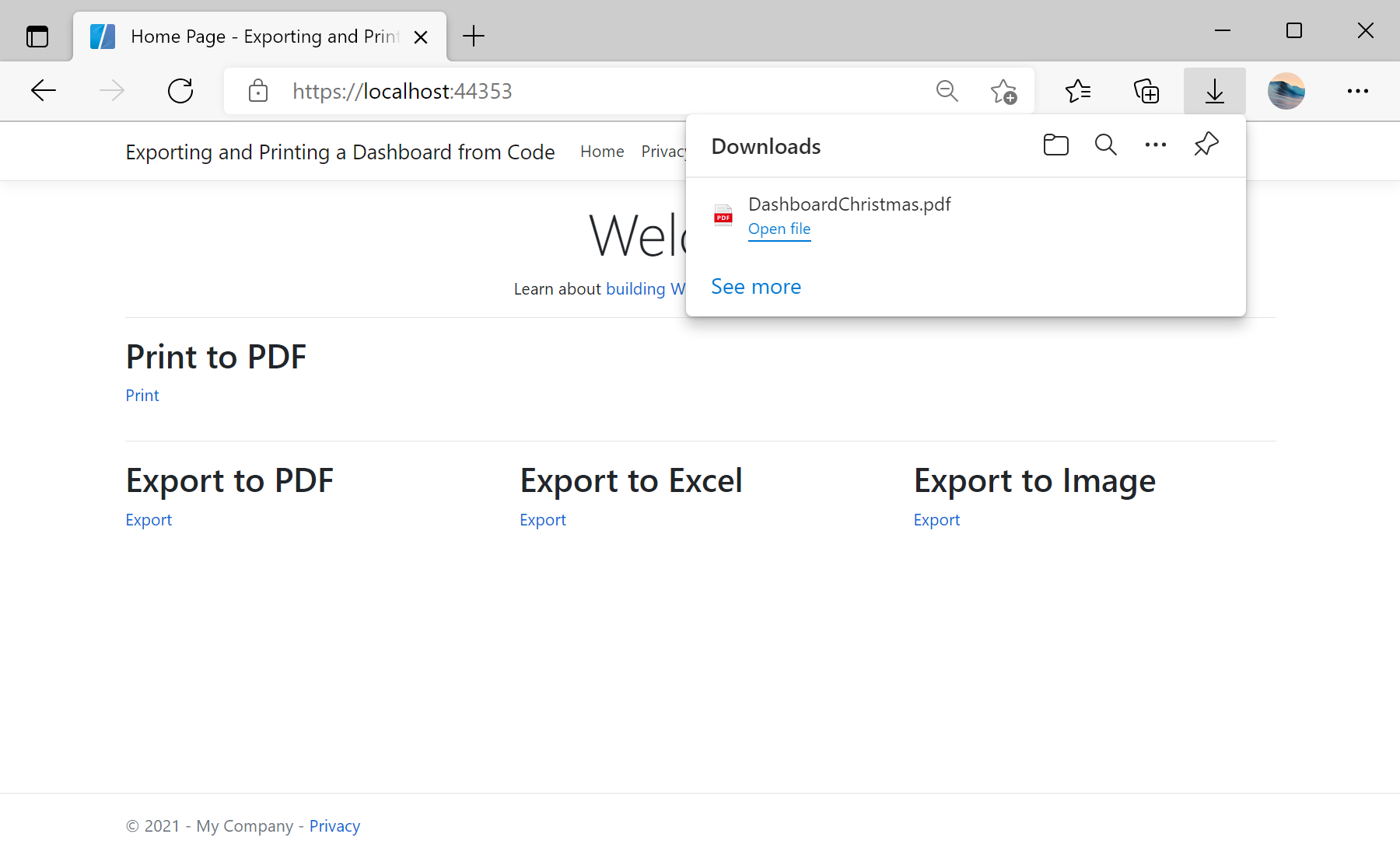 Exporting and Printing a Dashboard from Code