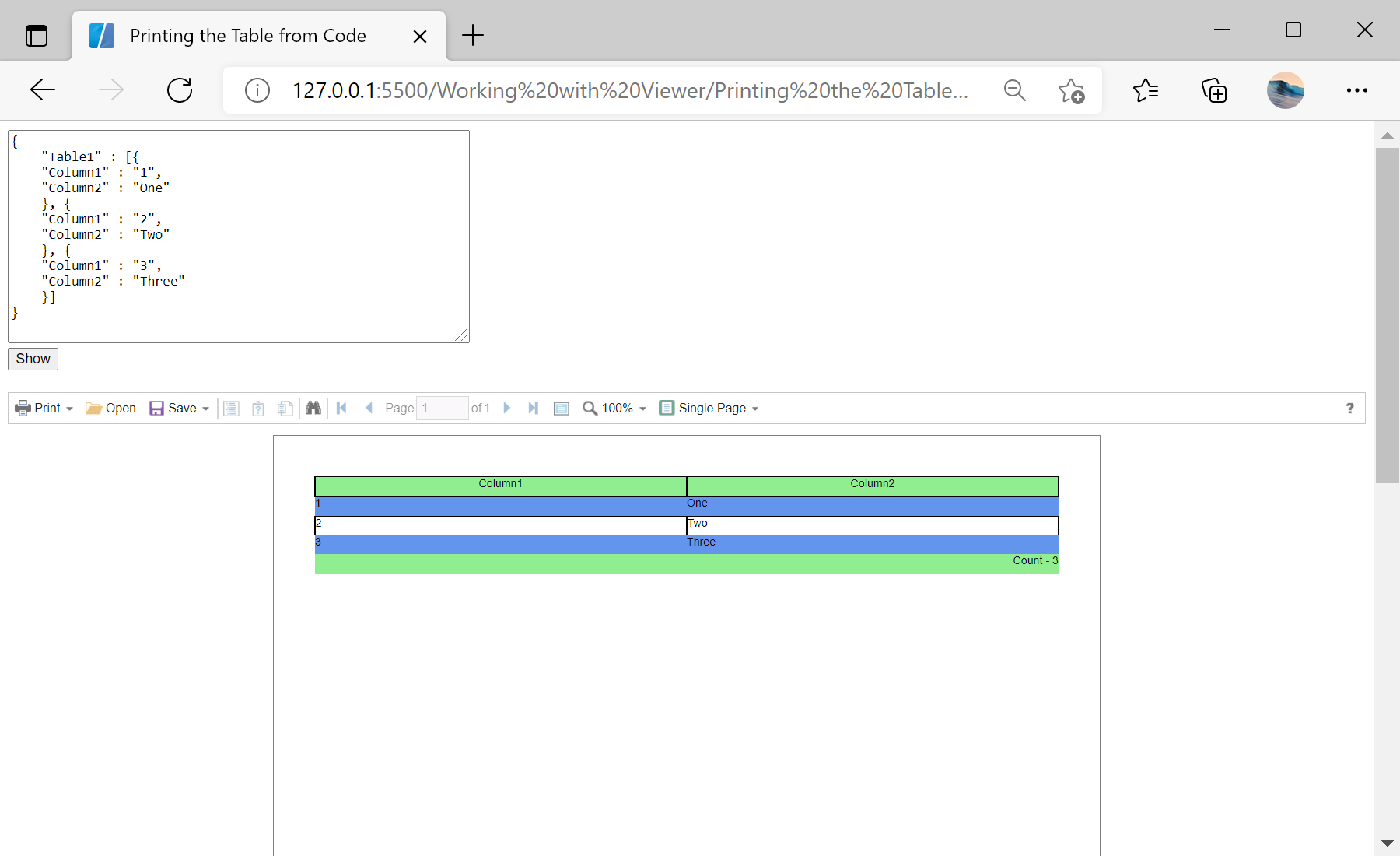 Printing the Table from Code