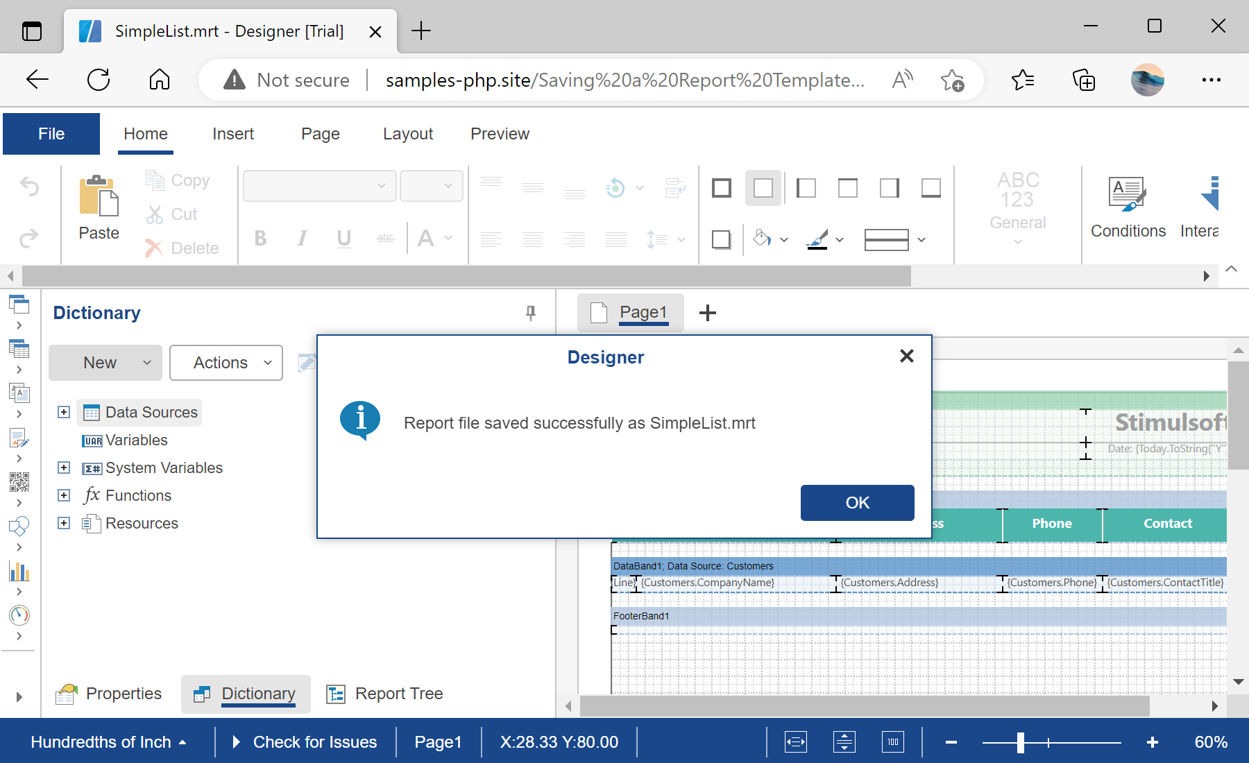 Saving a Report Template on the Server-Side