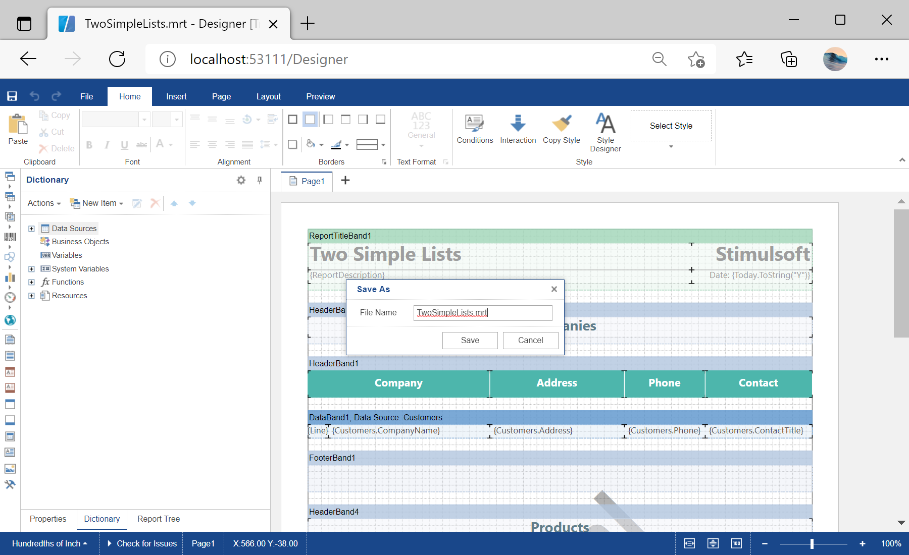 Saving a Report Template in the Designer