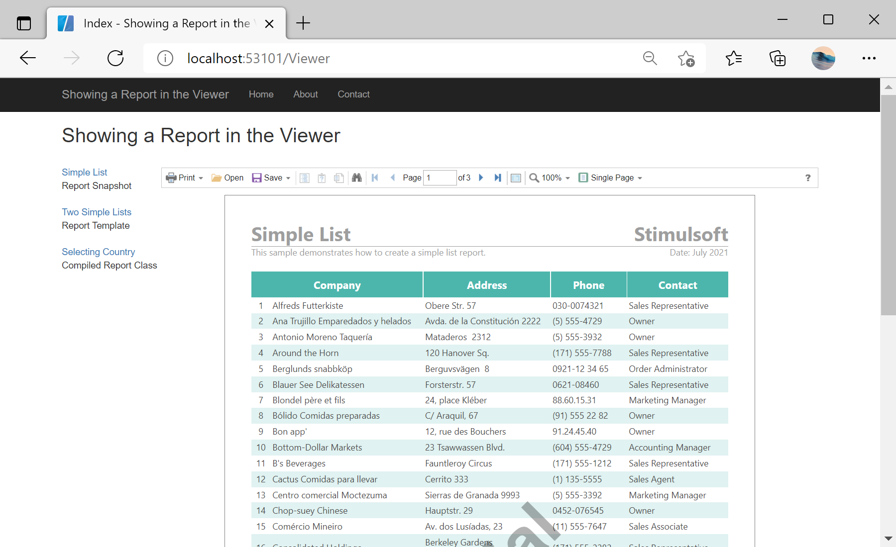 Showing a Report in the Viewer