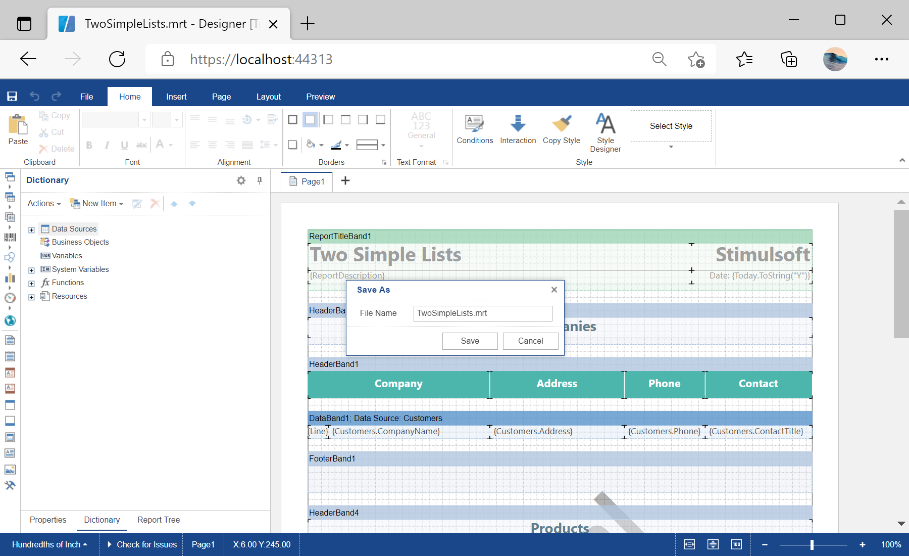 Saving a Report Template in the Designer