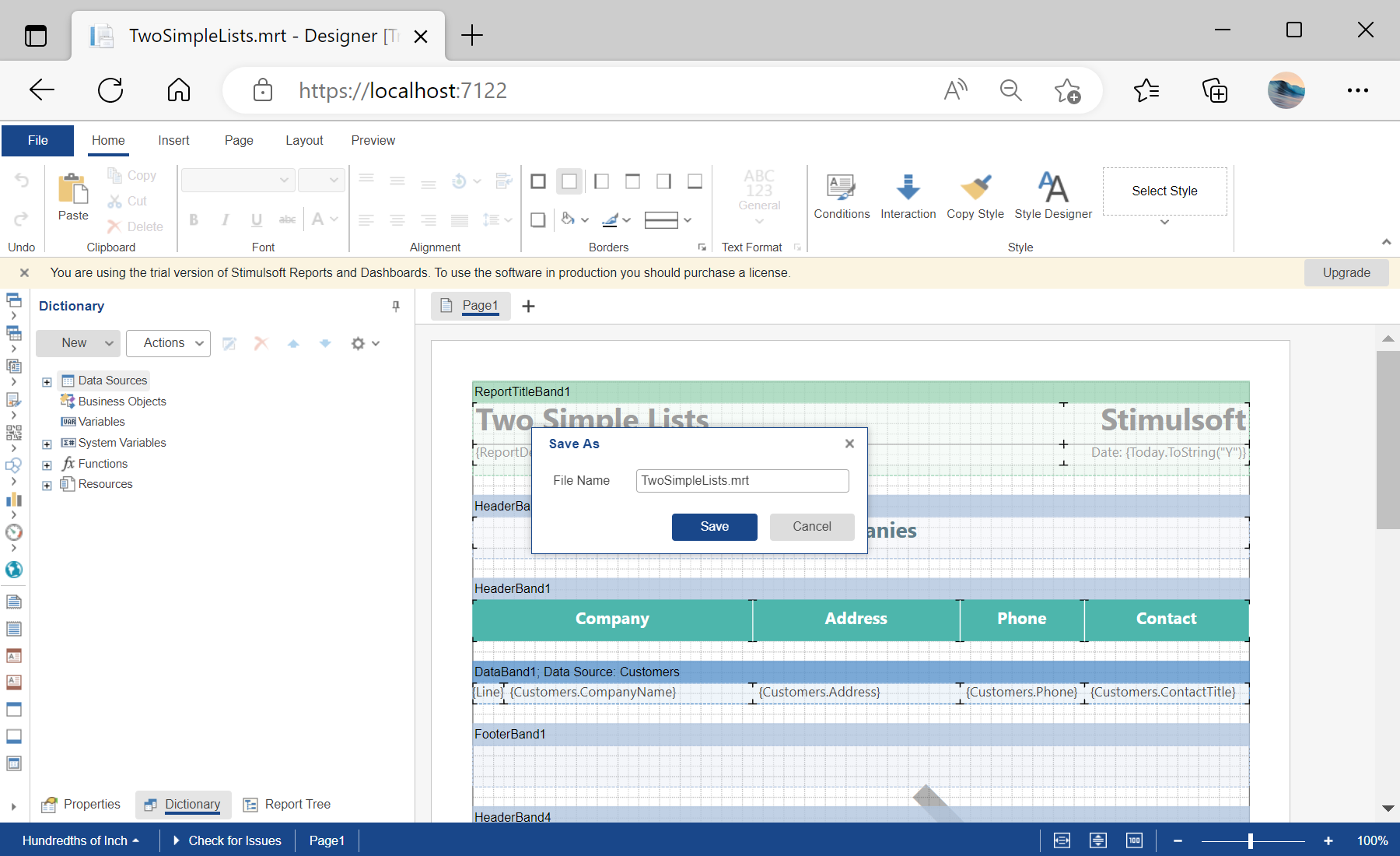 Saving a Report Template in the Designer