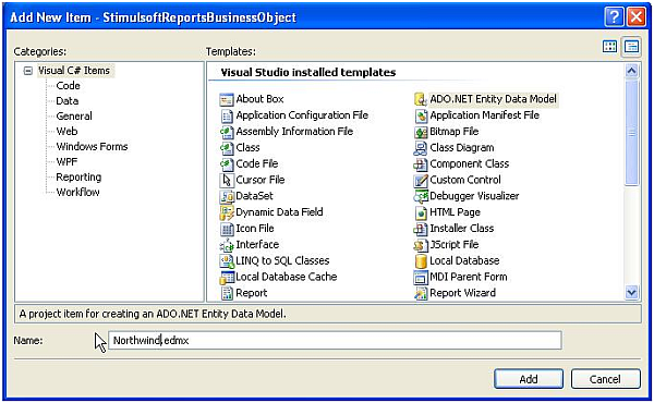 Add an ADO.NET data model to your project