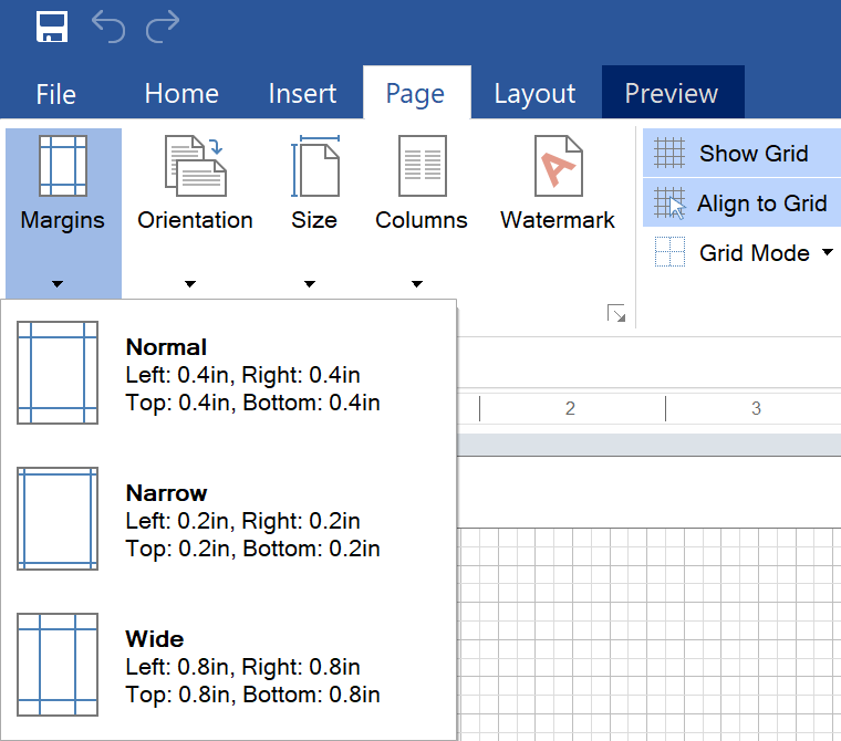 Margins menu